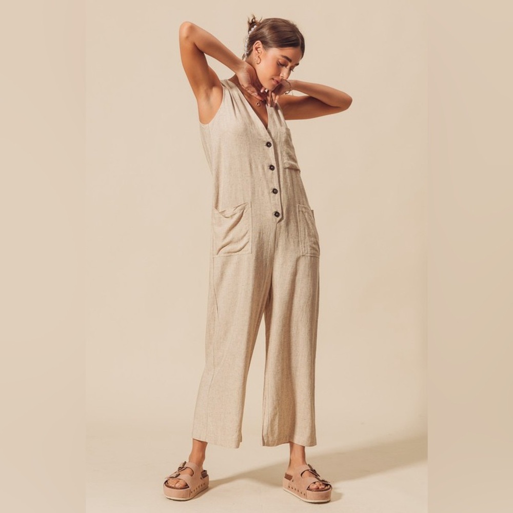 So Me Linen Blend V-Neck Button Down Jumpsuit - Picture 2 of 12